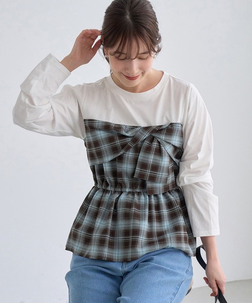 ROPE' PICNIC(ロペピクニック)の「ビスチェドッキングチェックトップス(Tシャツ/カットソー・レディース・ネイビー/ブラウン/サックスブルー・FREE)」の9枚目の写真