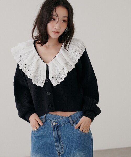 DISCOAT(ディスコート)の「コットンレース使い衿フリルニット《WEB限定カラーあり》(ニット/セーター・レディース・ネイビー/グレー/ブラウン/ブラック・FREE)」の8枚目の写真