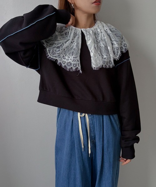 bohmal(ボマール)の「バイカラーメロウクロップドカラースウェットトップス(Tシャツ/カットソー・レディース・ブラック/パープル/ライム/ブルー/杢グレー・FREE)」の2枚目の写真
