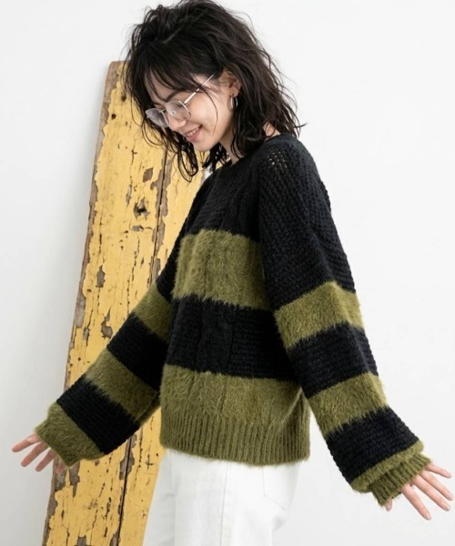 KAMINARI_TOKIO（カミナリトキオ）の「シャギー切替ワイドボーダーニットプルオーバー（Tシャツ/カットソー・レディース・ブラウン/ブラック/カーキ・FREE）」の21枚目の写真