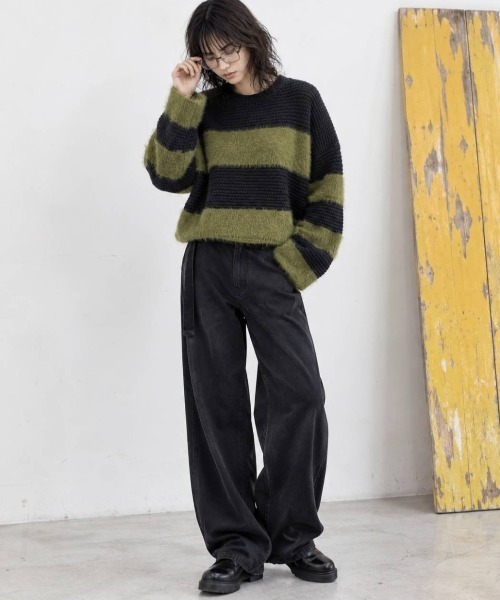 KAMINARI_TOKIO（カミナリトキオ）の「シャギー切替ワイドボーダーニットプルオーバー（Tシャツ/カットソー・レディース・ブラウン/ブラック/カーキ・FREE）」の14枚目の写真