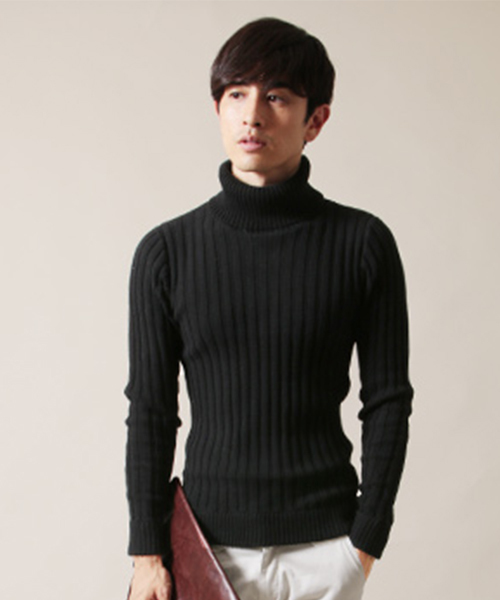 THE CASUAL（カジュアル）の「100%コットンリブタートルネックニット（ニット/セーター・メンズ・ブラック/カーキ/チャコール/ネイビー/オフホワイト/キャメル/杢グレー/ワイン・L/M/XL）」の4枚目の写真