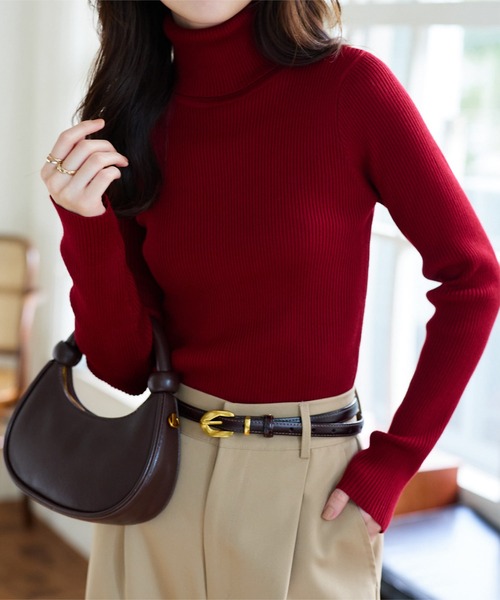 ベーシック長袖リブタートルネックニットトップス（ニット/セーター