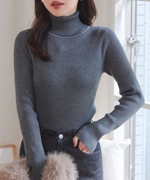 ベーシック長袖リブタートルネックニットトップス