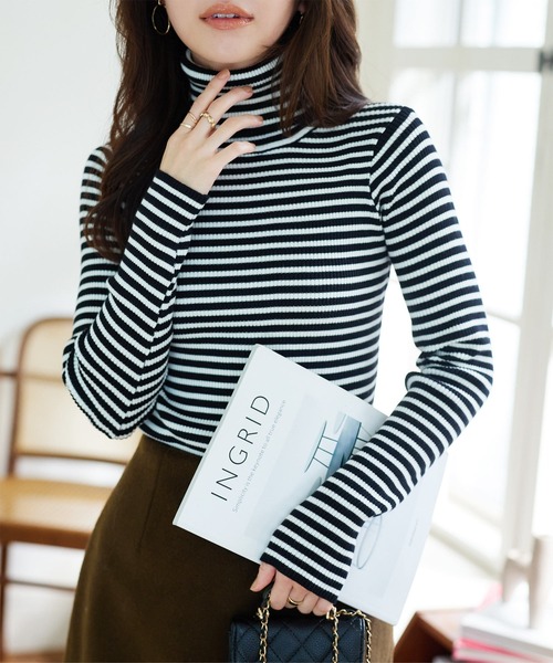 ベーシック長袖リブタートルネックニットトップス（ニット/セーター