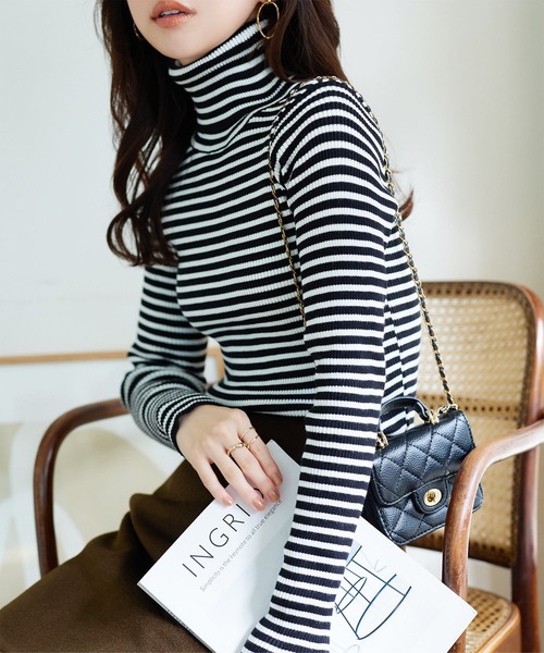 ベーシック長袖リブタートルネックニットトップス（ニット/セーター