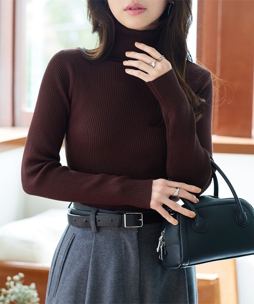 ベーシック長袖リブタートルネックニットトップス（ニット/セーター