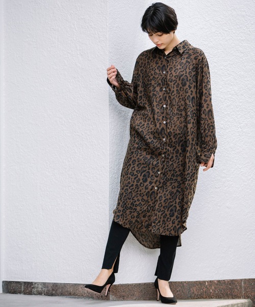 セール シャーリングカフシャツワンピース Mn211n15 をセール価格で購入できます Munich レオパードプリントツイルシフォン シャツ ワンピース Munich ミューニック のファッション ワンピース ドレス シャーリングカフシャツワンピース シャツワンピース