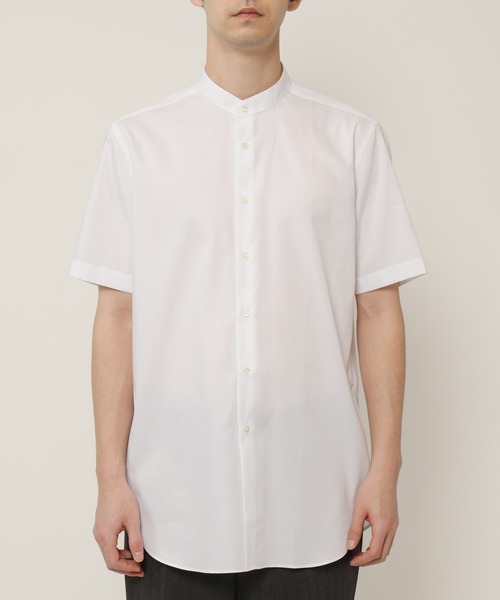 KASHIYAMA（カシヤマ）の「バンドカラーショートスリーブ　ロイヤルオックス　ロングテイルシャツ（シャツ/ブラウス・メンズ・ホワイト/ネイビー・マルチサイズ）」の5枚目の写真