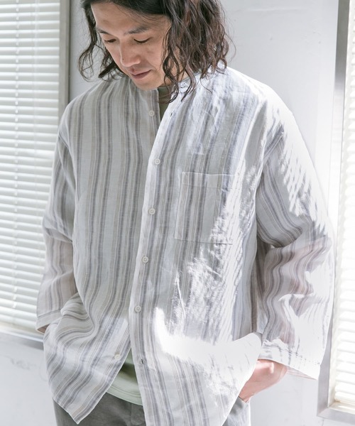 URBAN RESEARCH DOORS（アーバンリサーチドアーズ）の「リネンバンドカラー8分袖シャツ（シャツ/ブラウス・メンズ・アイボリー/ベージュ系その他/ミント/ホワイト系その他/パープル/ブラウン系その他・40/38）」の8枚目の写真