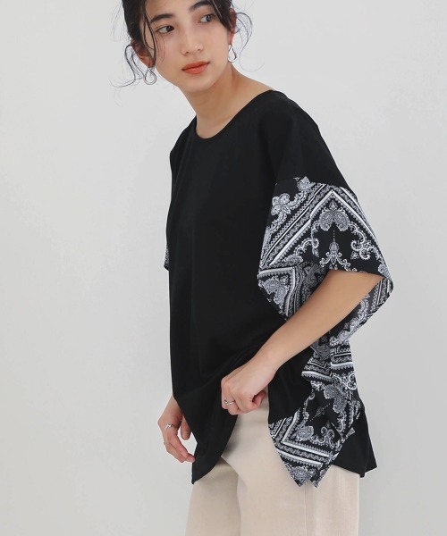 Bou Jeloud（ブージュルード）の「異素材スリーブオーバーチュニック（Tシャツ/カットソー・レディース・ホワイト系その他/オフホワイト/ブラック系その他/ブラウン・FREE）」の3枚目の写真