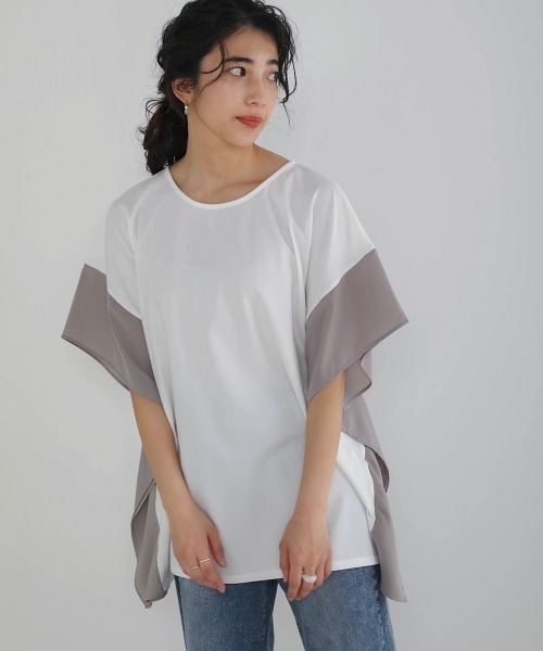 Bou Jeloud（ブージュルード）の「異素材スリーブオーバーチュニック（Tシャツ/カットソー・レディース・ホワイト系その他/オフホワイト/ブラック系その他/ブラウン・FREE）」の2枚目の写真