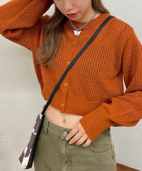 WEGO（ウィゴー）の「WEGO/メッシュ編みコンパクトカーディガン（カーディガン/ボレロ・レディース・オレンジ/ベージュ/グリーン/ブラック・FREE）」の4枚目の写真