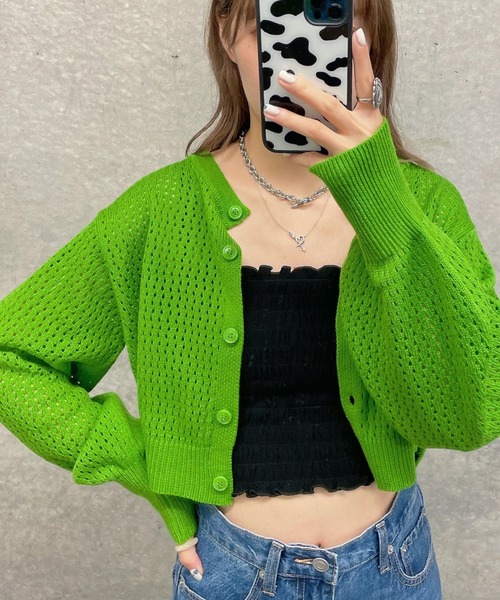 WEGO（ウィゴー）の「WEGO/メッシュ編みコンパクトカーディガン（カーディガン/ボレロ・レディース・オレンジ/ベージュ/グリーン/ブラック・FREE）」の3枚目の写真