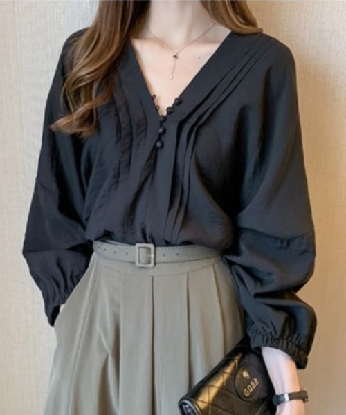 SETUP7（セットアップセブン）の「【SETUP7】タック入りVネックブラウス KNF（シャツ/ブラウス・レディース・ホワイト/ブラック/イエロー・FREE）」の3枚目の写真