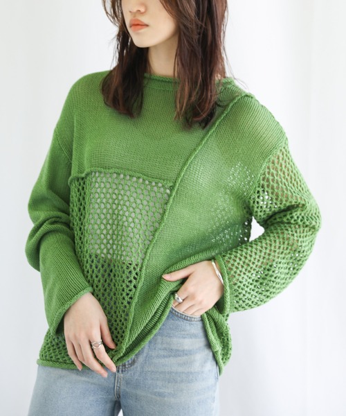 select MOCA（セレクトモカ）の「2022 SS メッシュ編みデザイン切り替えニット（ニット/セーター・レディース・ブラック/グリーン/アイボリー・FREE）」の3枚目の写真