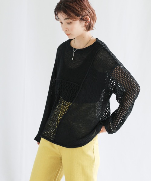 select MOCA（セレクトモカ）の「2022 SS メッシュ編みデザイン切り替えニット（ニット/セーター・レディース・ブラック/グリーン/アイボリー・FREE）」の2枚目の写真