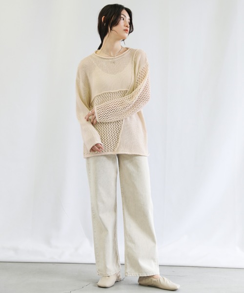 select MOCA（セレクトモカ）の「2022 SS メッシュ編みデザイン切り替えニット（ニット/セーター・レディース・ブラック/グリーン/アイボリー・FREE）」の4枚目の写真