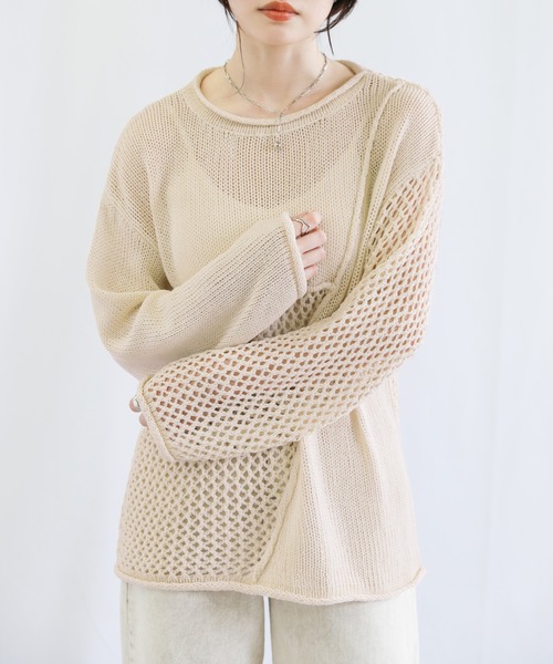 select MOCA（セレクトモカ）の「2022 SS メッシュ編みデザイン切り替えニット（ニット/セーター・レディース・ブラック/グリーン/アイボリー・FREE）」の8枚目の写真