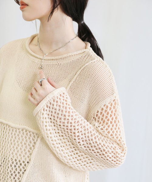 select MOCA（セレクトモカ）の「2022 SS メッシュ編みデザイン切り替えニット（ニット/セーター・レディース・ブラック/グリーン/アイボリー・FREE）」の9枚目の写真