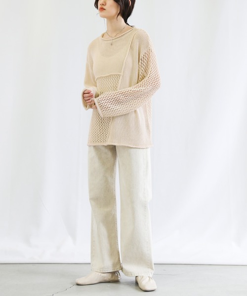 select MOCA（セレクトモカ）の「2022 SS メッシュ編みデザイン切り替えニット（ニット/セーター・レディース・ブラック/グリーン/アイボリー・FREE）」の7枚目の写真