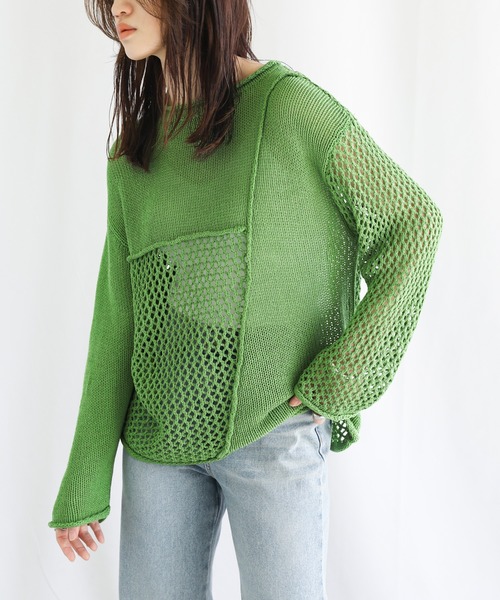 select MOCA（セレクトモカ）の「2022 SS メッシュ編みデザイン切り替えニット（ニット/セーター・レディース・ブラック/グリーン/アイボリー・FREE）」の12枚目の写真