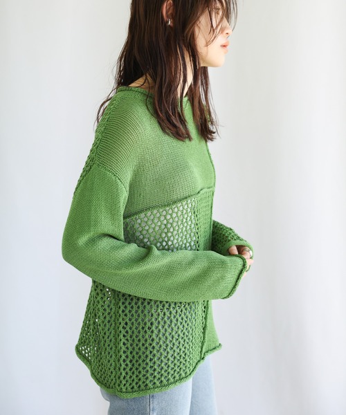 select MOCA（セレクトモカ）の「2022 SS メッシュ編みデザイン切り替えニット（ニット/セーター・レディース・ブラック/グリーン/アイボリー・FREE）」の14枚目の写真