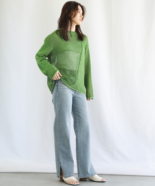 select MOCA（セレクトモカ）の「2022 SS メッシュ編みデザイン切り替えニット（ニット/セーター・レディース・ブラック/グリーン/アイボリー・FREE）」の5枚目の写真