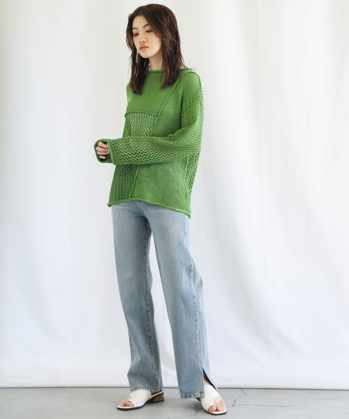 select MOCA（セレクトモカ）の「2022 SS メッシュ編みデザイン切り替えニット（ニット/セーター・レディース・ブラック/グリーン/アイボリー・FREE）」の11枚目の写真