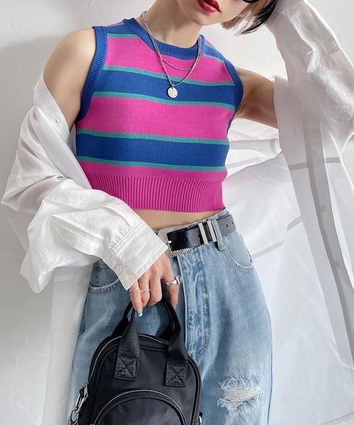 PAGEBOY(ページボーイ)の「マルチボーダーノースリ(タンクトップ・レディース・ピンク/グリーン・FREE)」の2枚目の写真