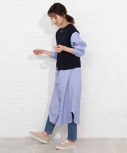 SHOO・LA・RUE（シューラルー）の「◆ニットベスト+シャツフェイクレイヤードワンピース（ワンピース・レディース・ブラック系4/ピンク系9/ネイビー系9・03/02/04）」の7枚目の写真