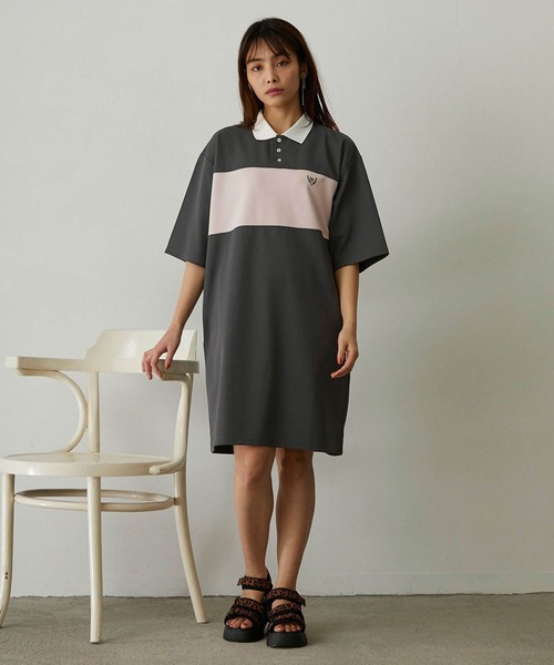 179/WG(イチナナキュウダブルジー)の「配色ポロワンピース(ワンピース・レディース・チャコールグレー/ブルー/グリーン・MEDIUM)」の2枚目の写真