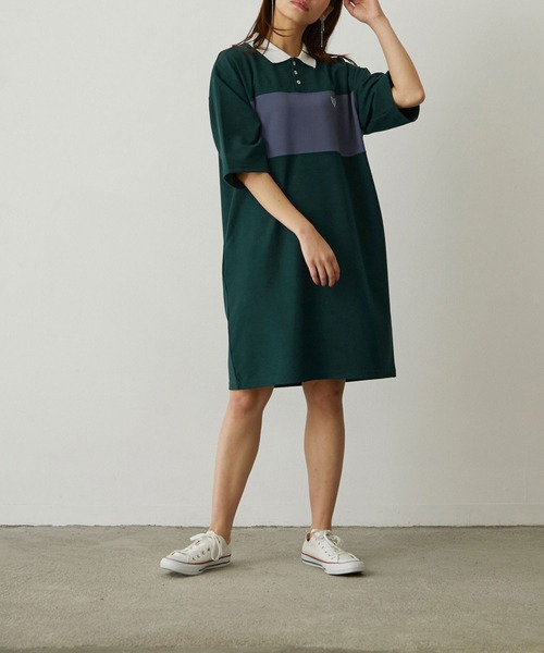 179/WG(イチナナキュウダブルジー)の「配色ポロワンピース(ワンピース・レディース・チャコールグレー/ブルー/グリーン・MEDIUM)」の1枚目の写真