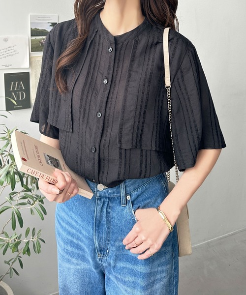 ★zoozoo7品★plage シアーストライプ 長袖シャツ バンドカラー セール】着丈が選べるバンドカラーストライプシアーシャツ