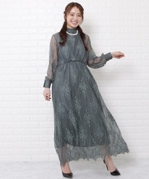 総レースハイネックロングワンピースドレス