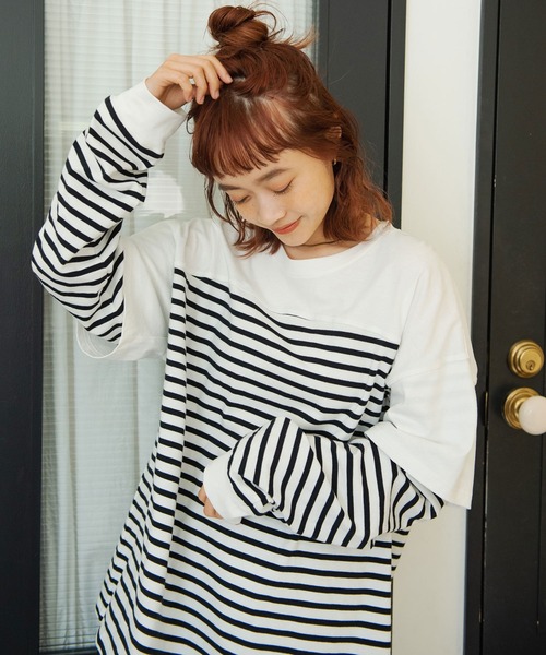 Crisp（クリスプ）の「レイヤードボーダーTシャツ（Tシャツ/カットソー・レディース・ブラック/ベージュ・FREE）」の2枚目の写真