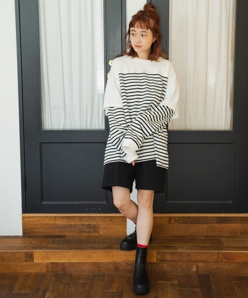 Crisp（クリスプ）の「レイヤードボーダーTシャツ（Tシャツ/カットソー・レディース・ブラック/ベージュ・FREE）」の3枚目の写真