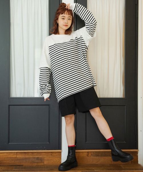 Crisp（クリスプ）の「レイヤードボーダーTシャツ（Tシャツ/カットソー・レディース・ブラック/ベージュ・FREE）」の4枚目の写真