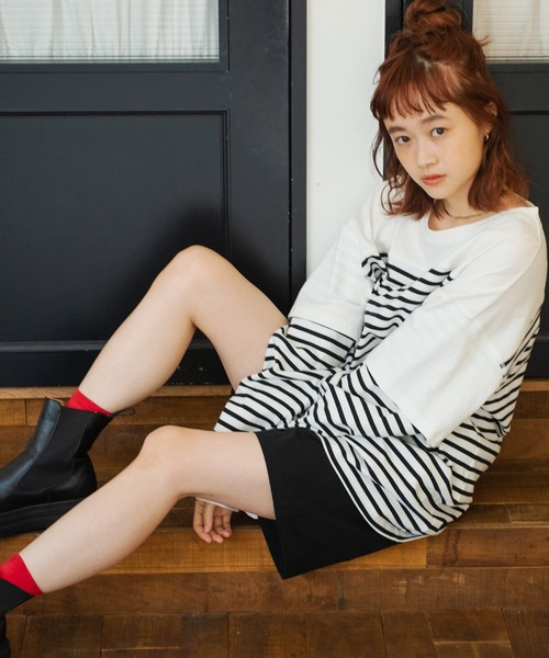 Crisp（クリスプ）の「レイヤードボーダーTシャツ（Tシャツ/カットソー・レディース・ブラック/ベージュ・FREE）」の6枚目の写真