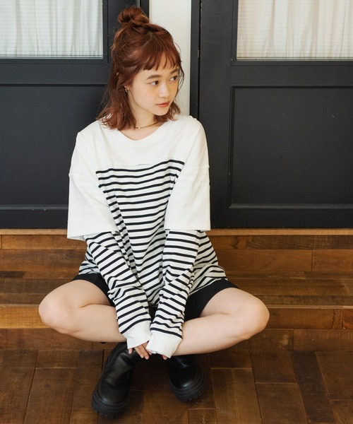 Crisp（クリスプ）の「レイヤードボーダーTシャツ（Tシャツ/カットソー・レディース・ブラック/ベージュ・FREE）」の7枚目の写真