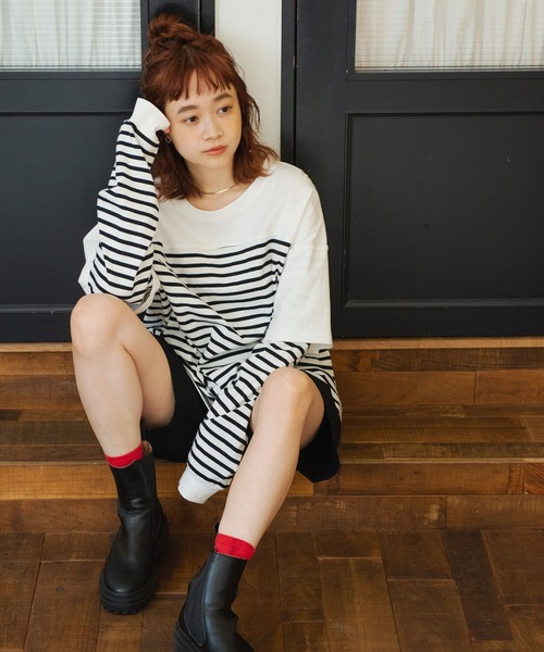 Crisp（クリスプ）の「レイヤードボーダーTシャツ（Tシャツ/カットソー・レディース・ブラック/ベージュ・FREE）」の8枚目の写真