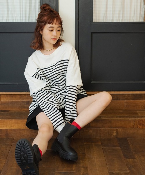 Crisp（クリスプ）の「レイヤードボーダーTシャツ（Tシャツ/カットソー・レディース・ブラック/ベージュ・FREE）」の9枚目の写真