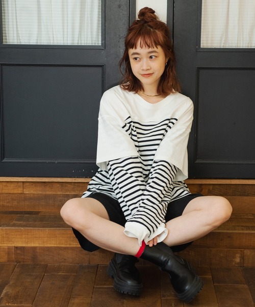 Crisp（クリスプ）の「レイヤードボーダーTシャツ（Tシャツ/カットソー・レディース・ブラック/ベージュ・FREE）」の10枚目の写真