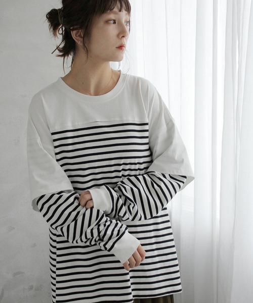 Crisp（クリスプ）の「レイヤードボーダーTシャツ（Tシャツ/カットソー・レディース・ブラック/ベージュ・FREE）」の19枚目の写真