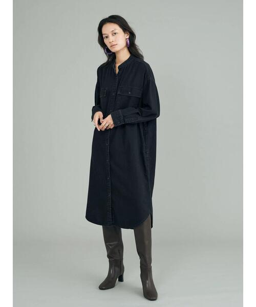 AMERICAN HOLIC（アメリカンホリック）の「スタンドシャツワンピース（シャツワンピース・レディース・ワンウォッシュ/ベージュ/ブラック・M/L）」の4枚目の写真