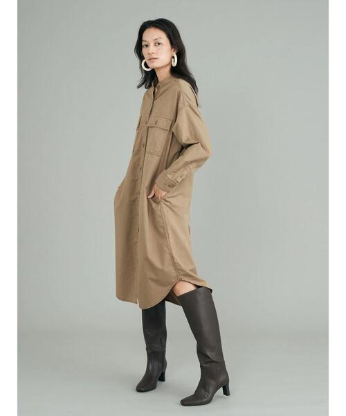 AMERICAN HOLIC（アメリカンホリック）の「スタンドシャツワンピース（シャツワンピース・レディース・ワンウォッシュ/ベージュ/ブラック・M/L）」の5枚目の写真