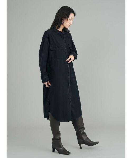 AMERICAN HOLIC（アメリカンホリック）の「スタンドシャツワンピース（シャツワンピース・レディース・ワンウォッシュ/ベージュ/ブラック・M/L）」の8枚目の写真