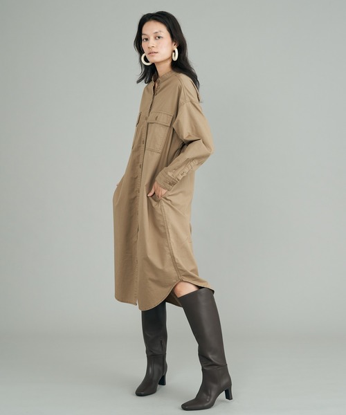 AMERICAN HOLIC（アメリカンホリック）の「スタンドシャツワンピース（シャツワンピース・レディース・ワンウォッシュ/ベージュ/ブラック・M/L）」の3枚目の写真