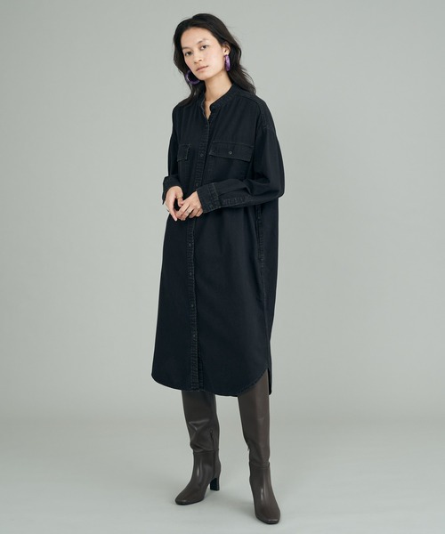 AMERICAN HOLIC（アメリカンホリック）の「スタンドシャツワンピース（シャツワンピース・レディース・ワンウォッシュ/ベージュ/ブラック・M/L）」の2枚目の写真