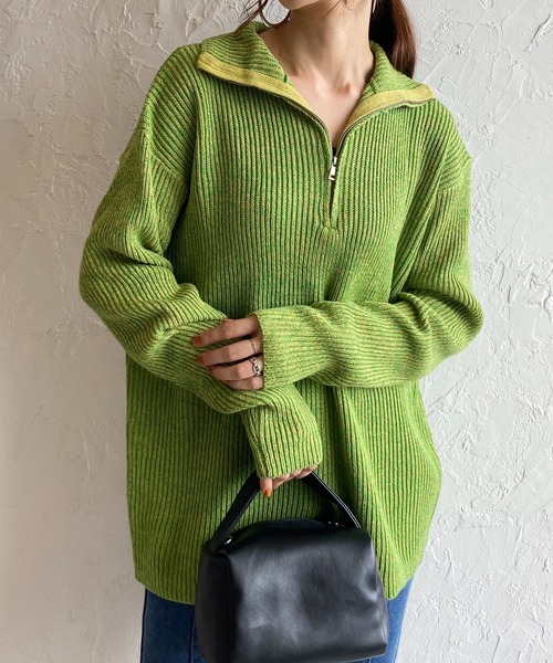 She's Closet（シーズクローゼット）の「ミックスカラーローゲージ長袖ハーフジッププルオーバーバルキーニット（ニット/セーター・レディース・ブラック/オレンジ/モカ/グリーン・FREE）」の3枚目の写真